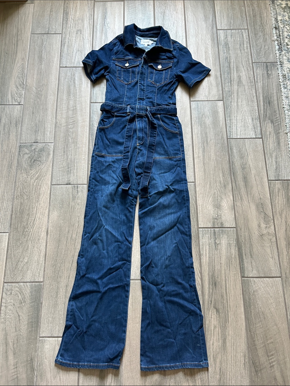 Frame Denim Dark Blue Short-Sleeve Denim Jumpsuit with Tie Waist